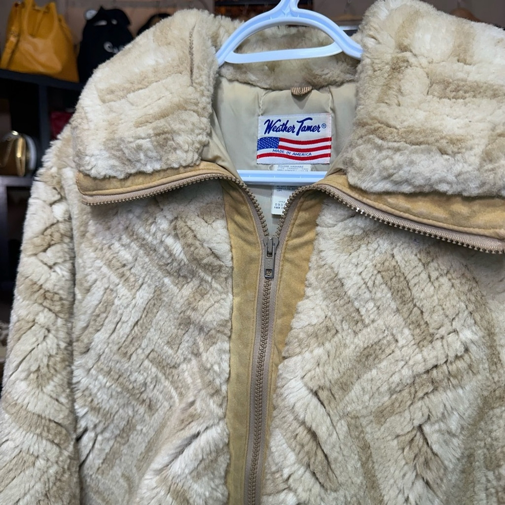 Vintage Weather Tamer Size 14 Neutral Tan Cream Faux Shearling Jacket - Picture 3 of 6